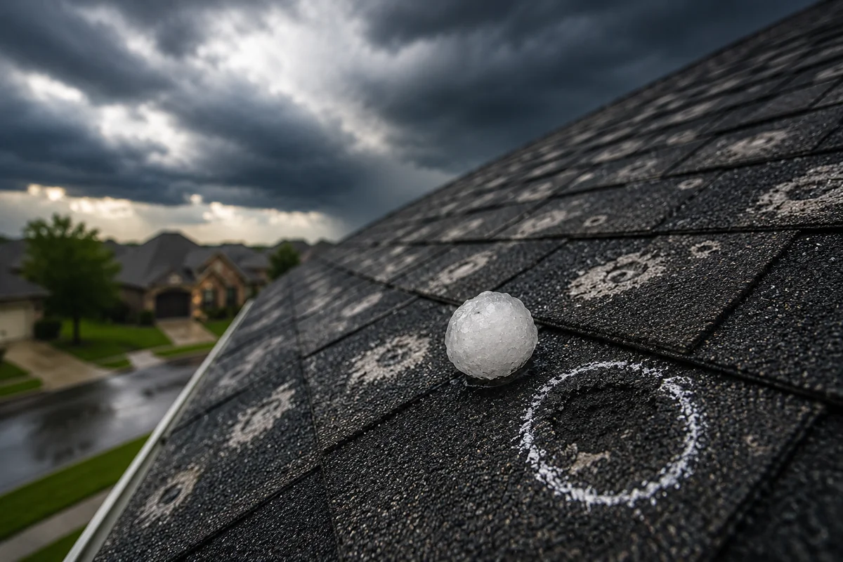 Hail damage visible on DFW asphalt shingles — Hail Alley roof inspection guide