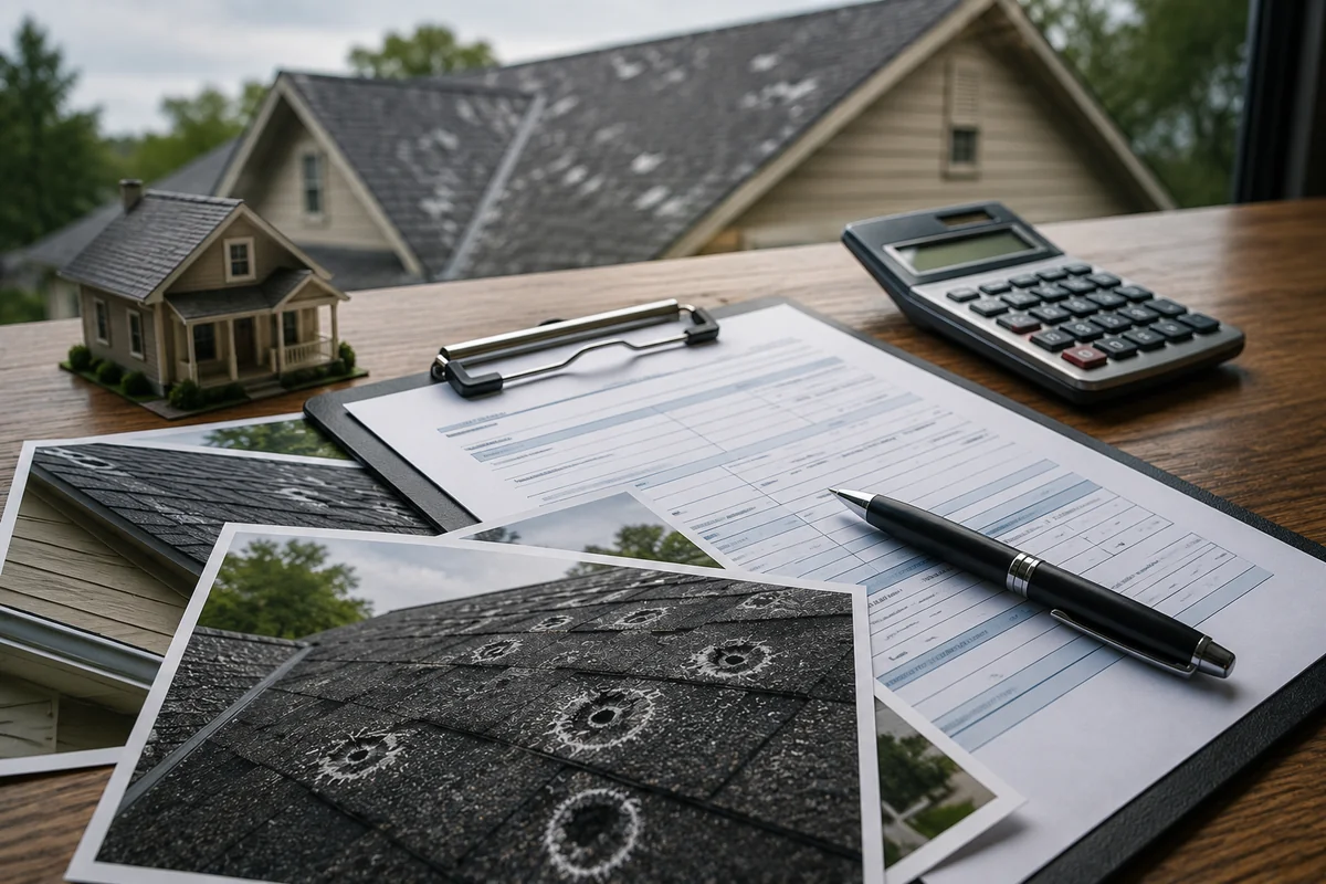 Texas homeowner reviewing roof insurance claim paperwork after hail storm