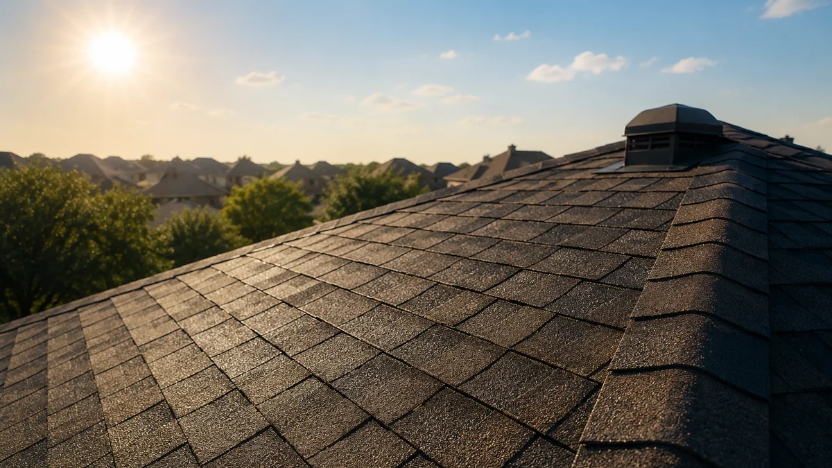 Sun-baked asphalt shingle roof on a DFW Texas home in summer heat