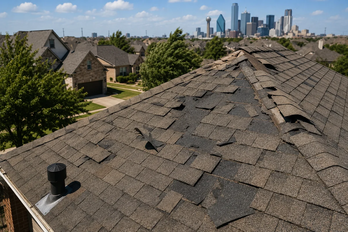 Wind damage on a DFW roof: lifted shingles and missing ridge caps after a storm